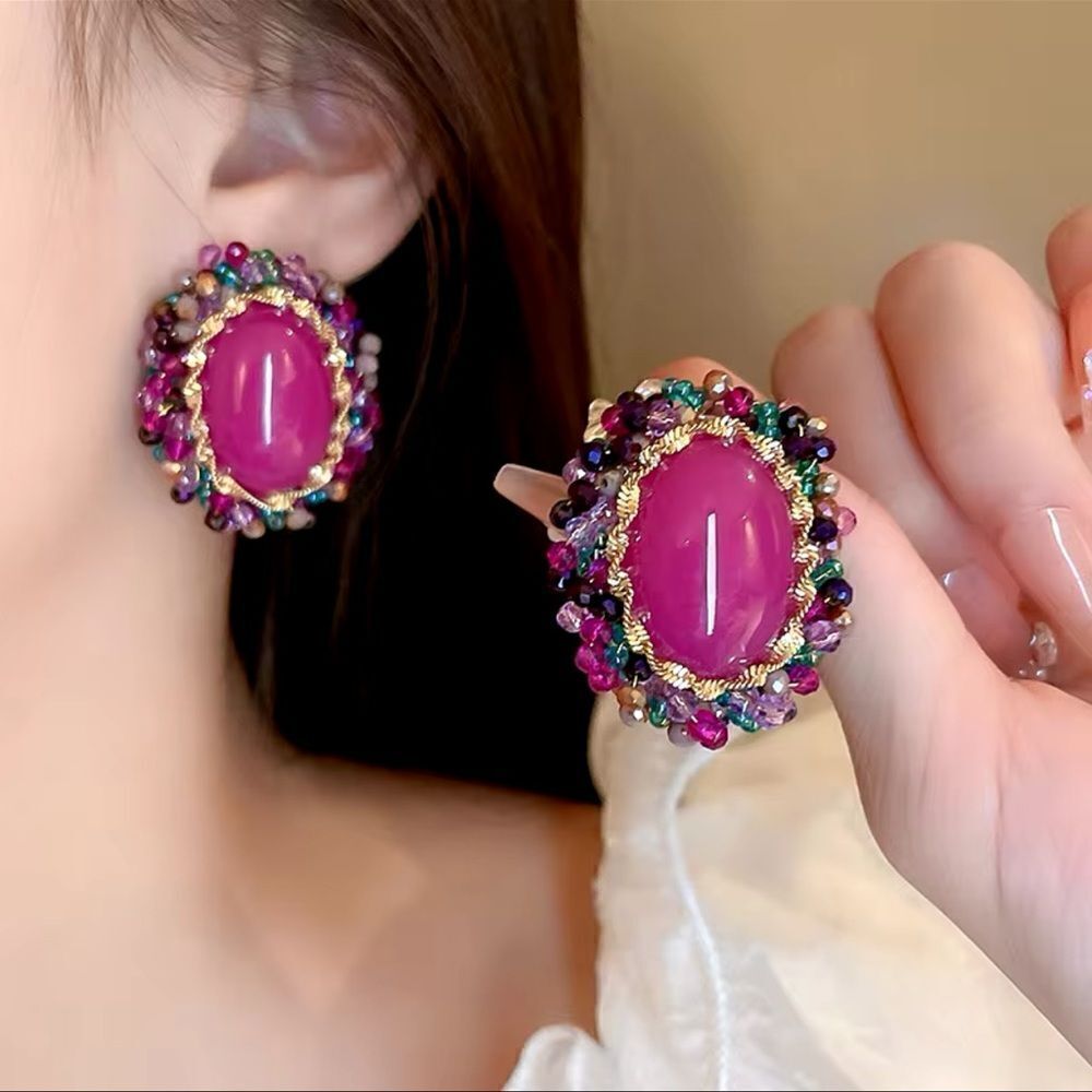 Vibrant Pink Oval Stud Earrings with Multi Color Crystal Details